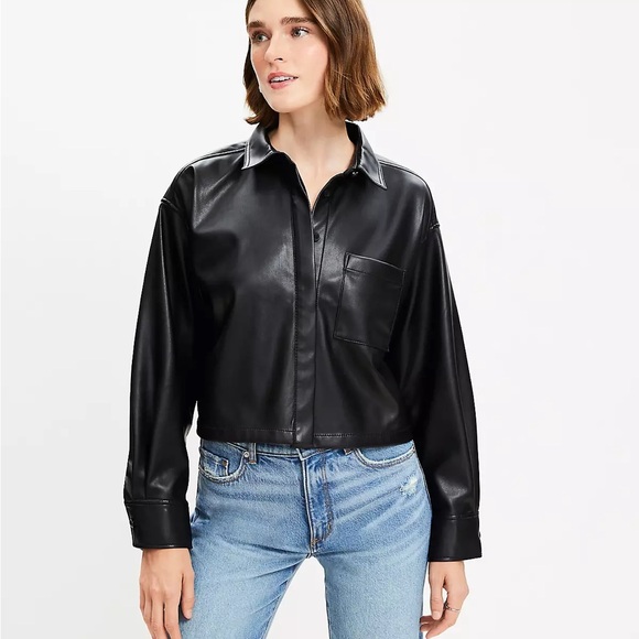 LOFT Faux Leather Modern Pocket Shirt – Black, Size XL - Picture 2 of 5